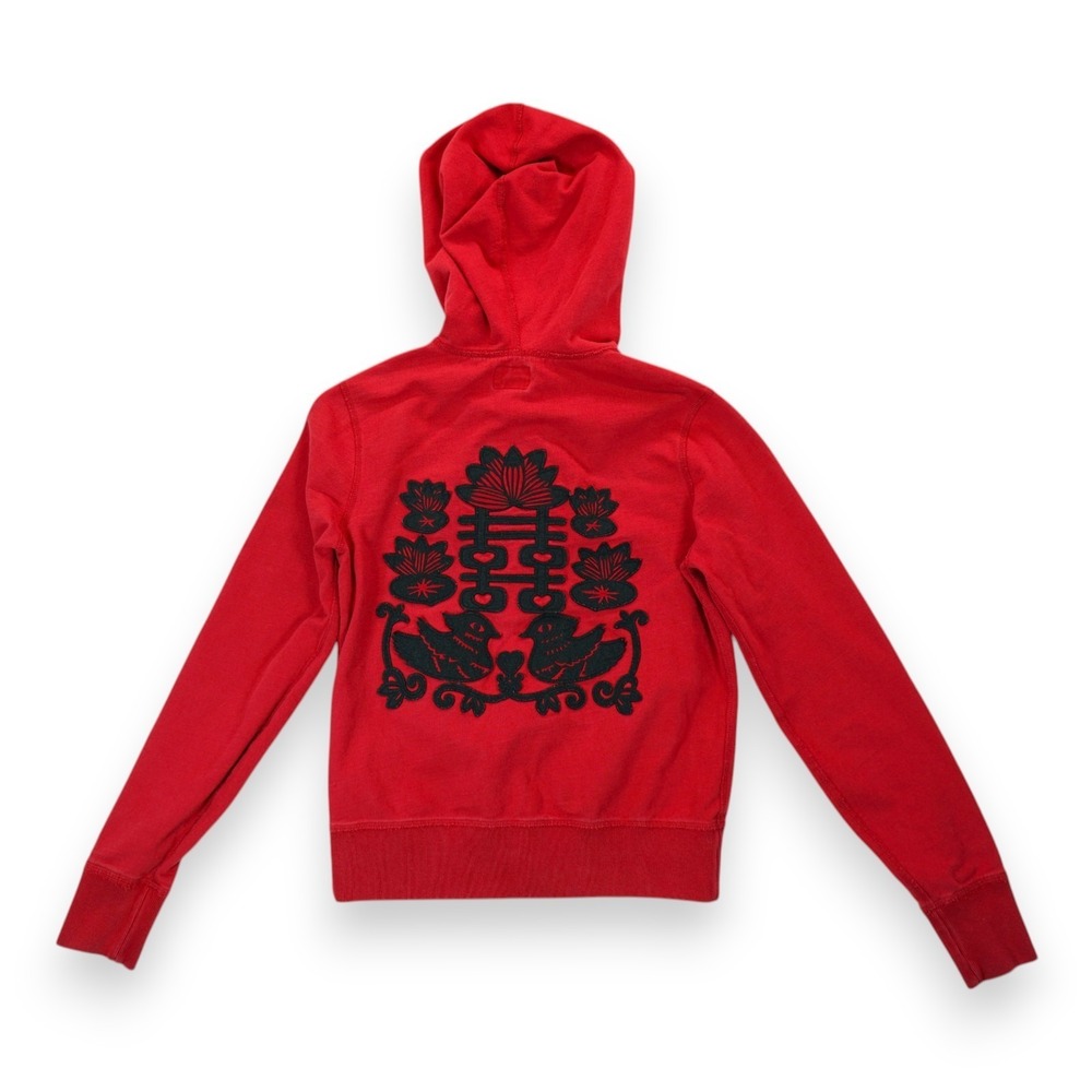 Lucky Brand Dungaree America Womens Hoodie Sweatshirt Red Embroidered‎ XS